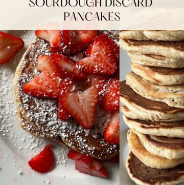 pancakes with strawberries next to stack of pancakes