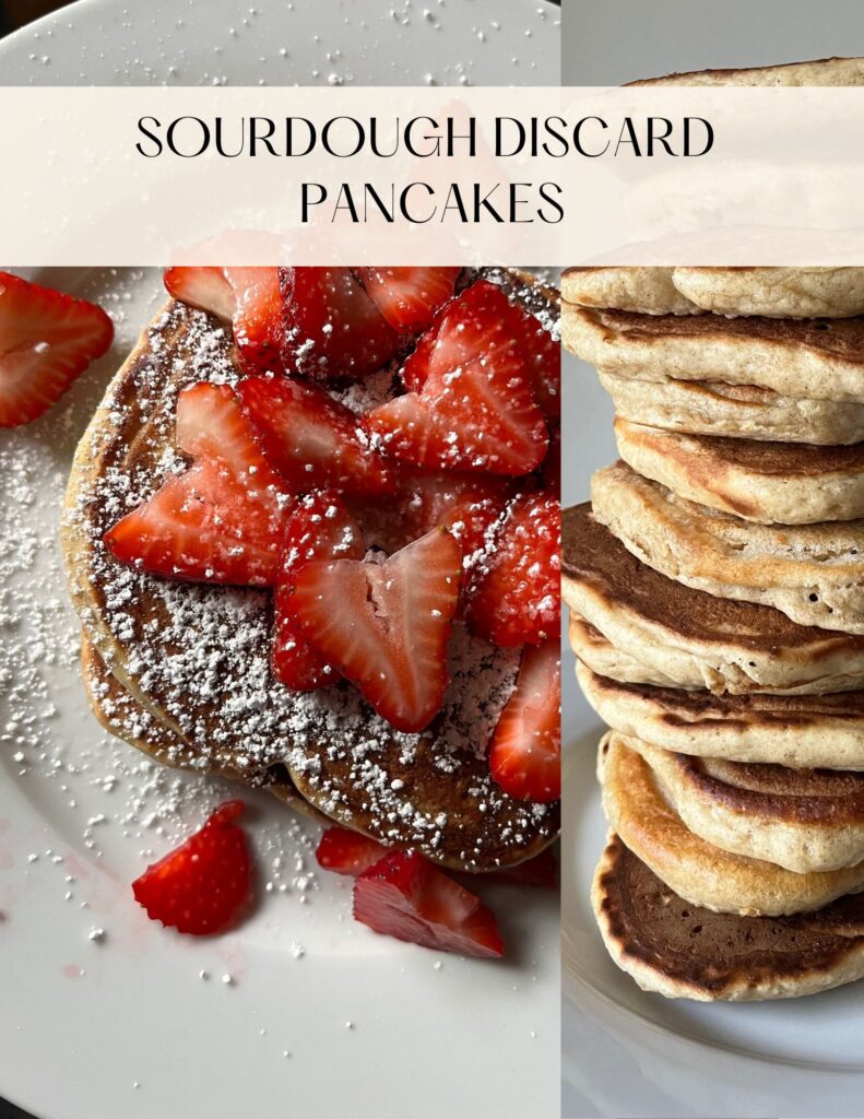 pancakes with strawberries next to stack of pancakes